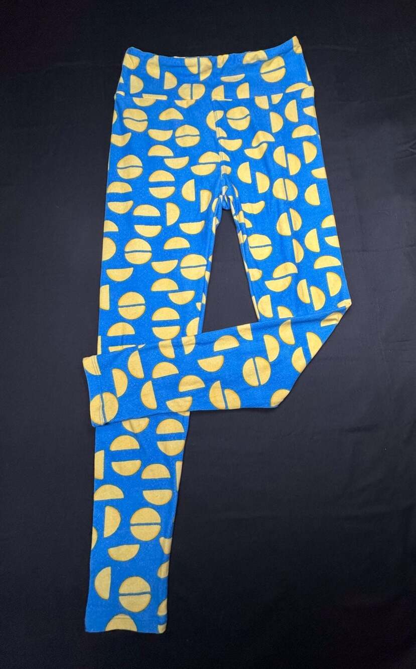 LuLaRoe Taco Party Leggings, Blue and Yellow Half Circle Pattern, One Size